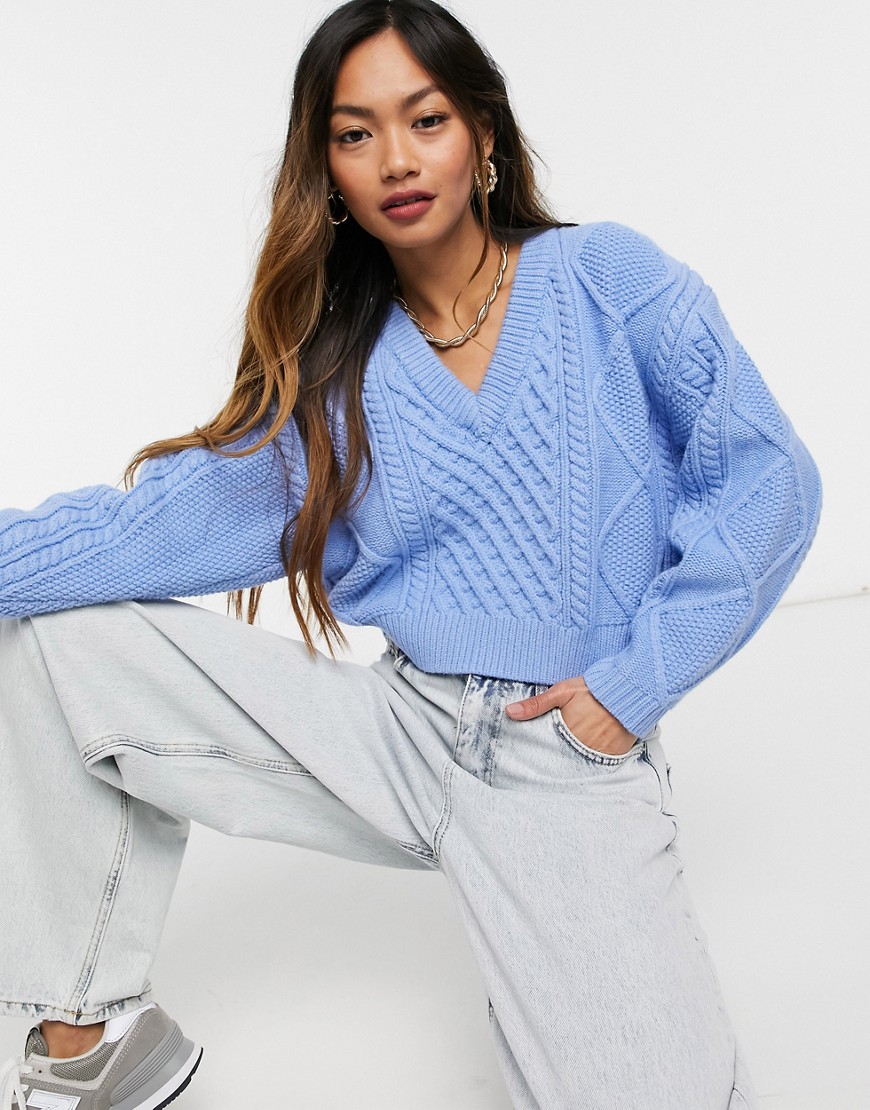 ASOS DESIGN crop sweater with cable detail in blue-Blues