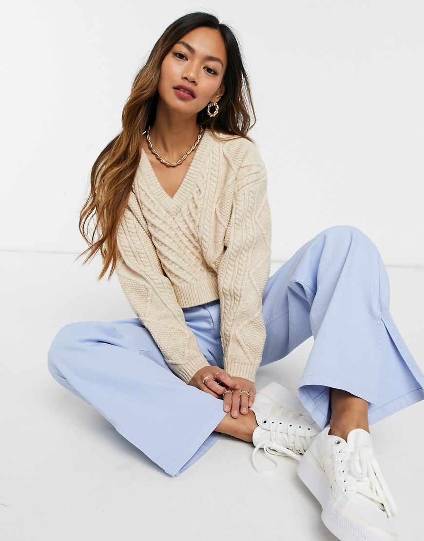 ASOS DESIGN crop sweater with cable detail in stone-Neutral
