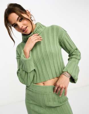 Asos Design Crop Sweater With High Neck In Rib In Khaki - Part Of A Set-green