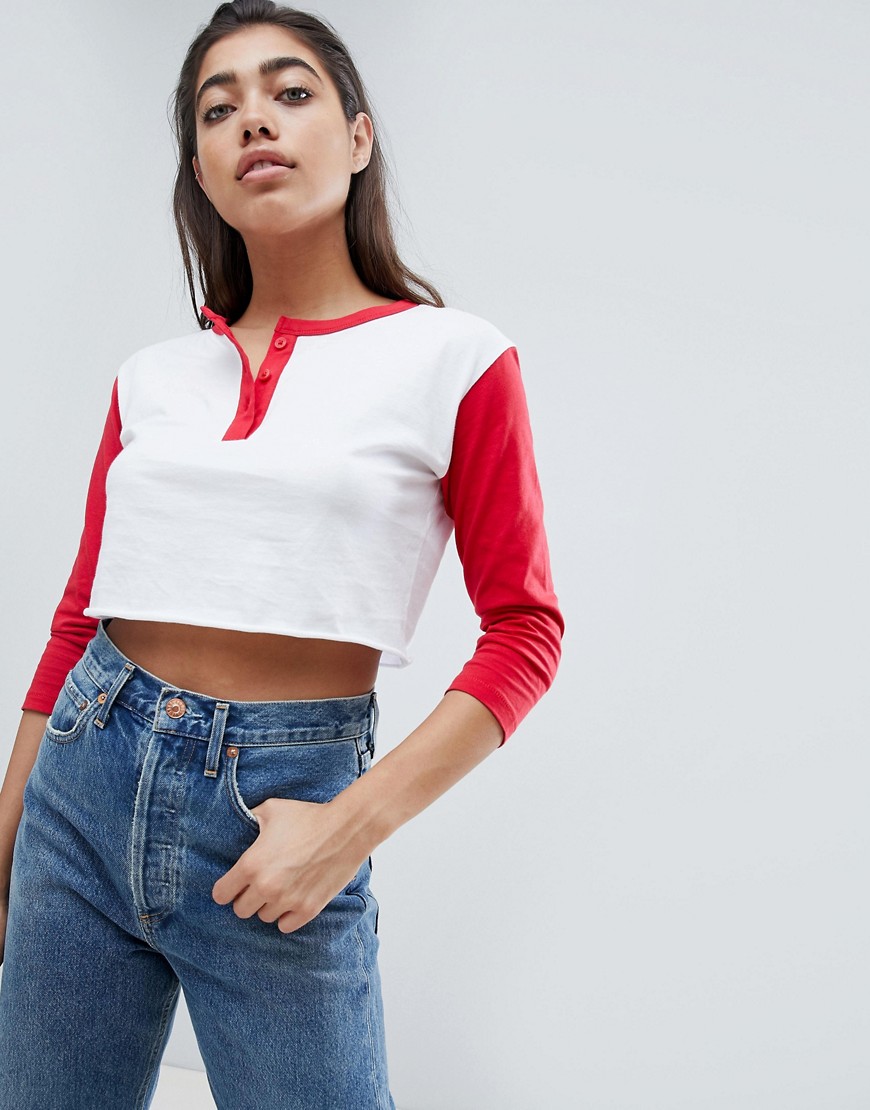 ASOS DESIGN crop t-shirt with contrast sleeve and button placket-White