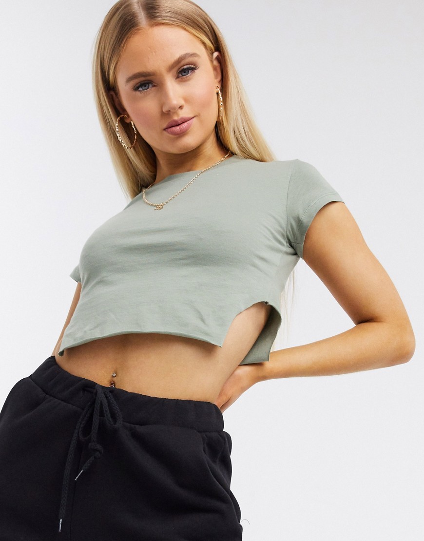 ASOS DESIGN crop t-shirt with cutaway sides in washed khaki-Green