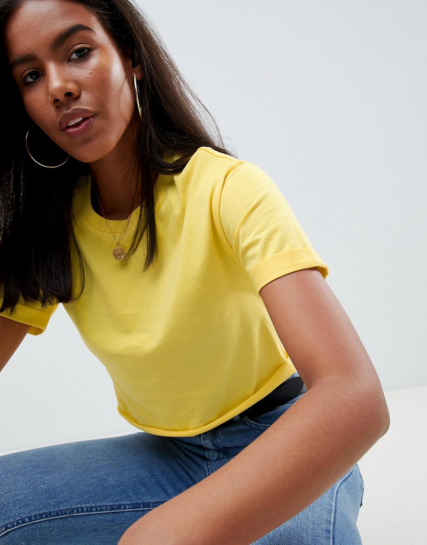Asos Design Crop T-shirt With Roll Sleeve And Raw Hem In Yellow