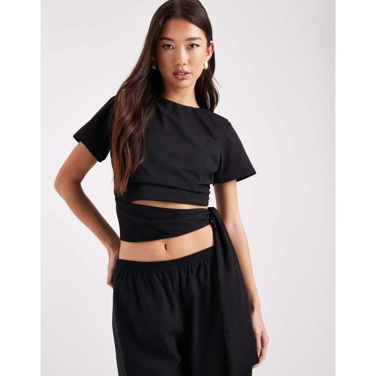 ASOS DESIGN crop t-shirt with shoulder pads and tie side waist in