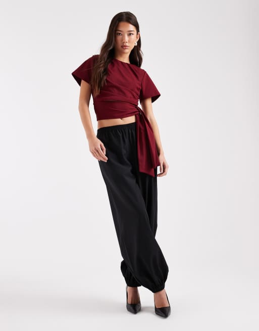 ASOS DESIGN crop t-shirt with shoulder pads and tie side waist in burgundy, 2 of 4
