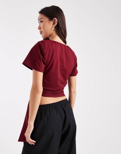 ASOS DESIGN crop t-shirt with shoulder pads and tie side waist in burgundy, 3 of 4
