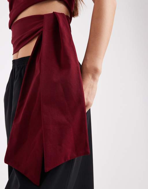 ASOS DESIGN crop t-shirt with shoulder pads and tie side waist in burgundy, 4 of 4