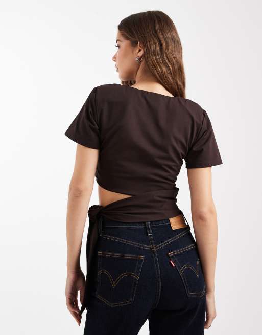 ASOS DESIGN crop T-shirt with shoulder pads and tie side waist in chocolate, 2 of 4