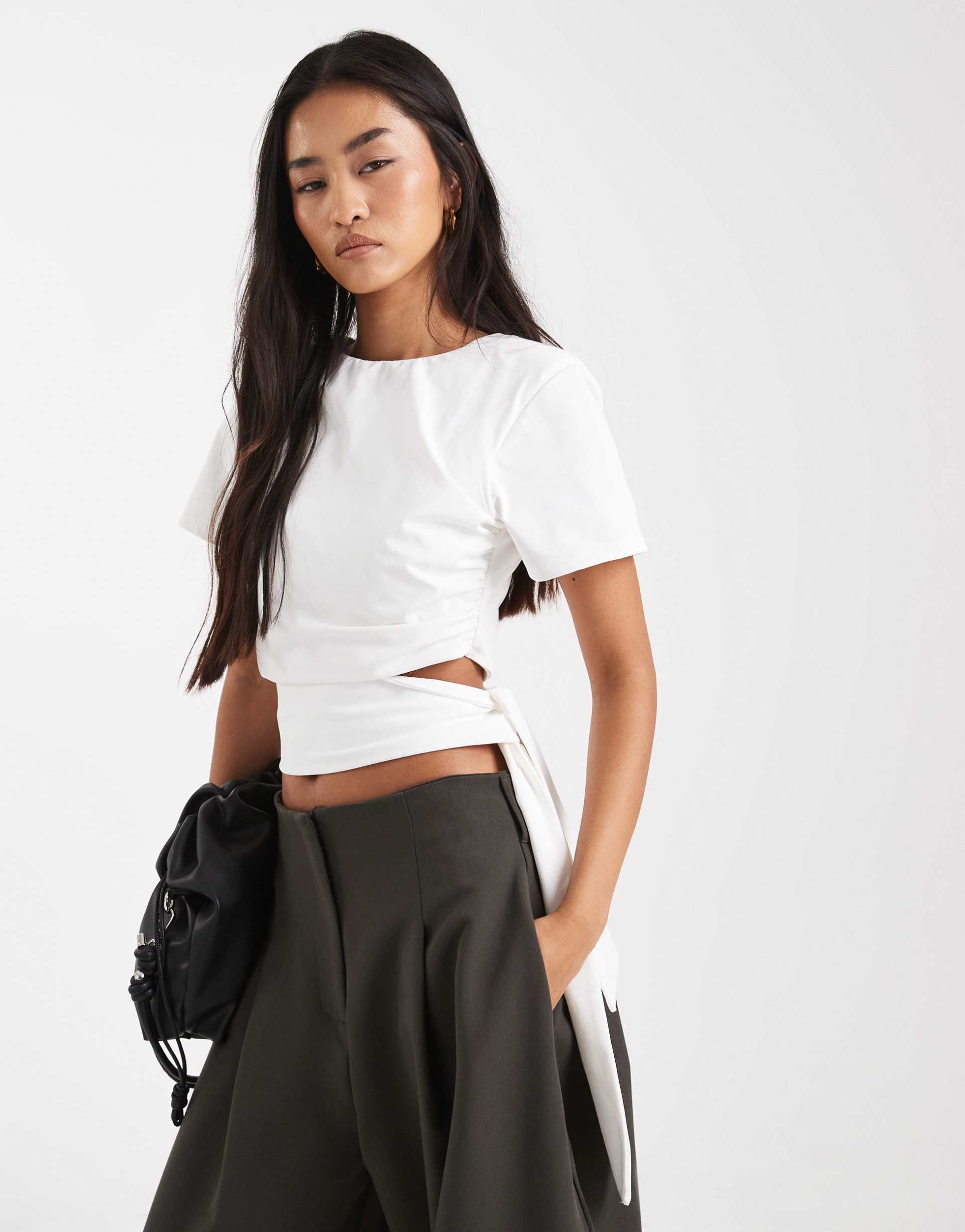 asos design crop t-shirt with shoulder pads and tie side waist in ivory