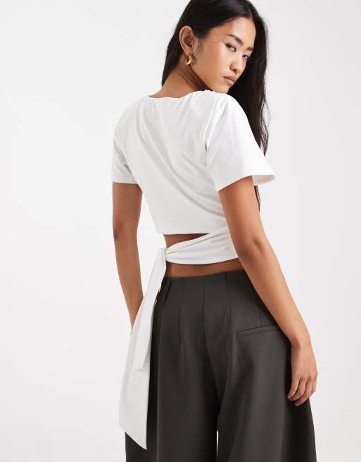 ASOS DESIGN crop T-shirt with shoulder pads and tie side waist in ivory, 3 of 4