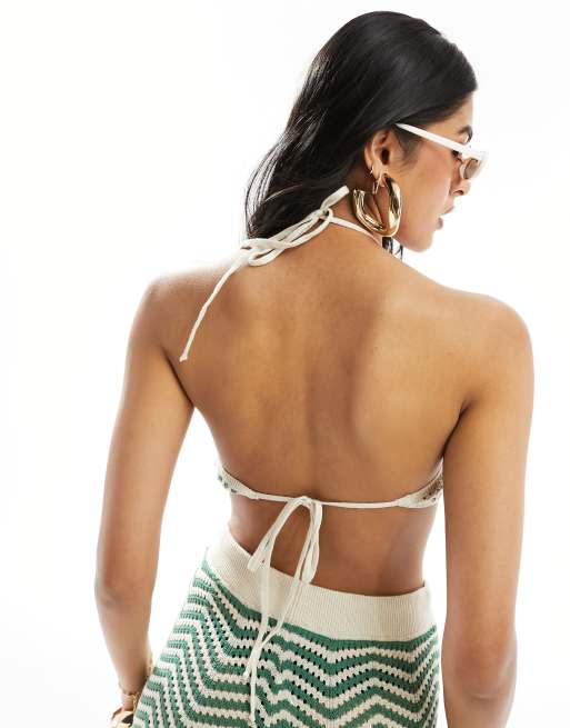 ASOS DESIGN - Crop top a fascia da mare in maglia verde a righe in coordinato, 3 di 4