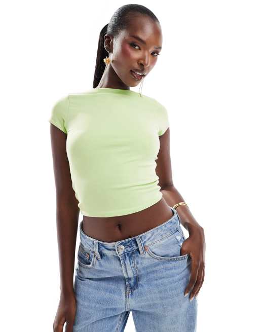 ASOS DESIGN Crop top a maniche corte a doppio strato effetto seconda pelle color lime