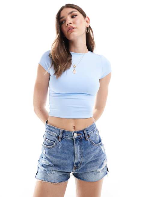 ASOS DESIGN - Crop top a maniche corte blu doppio strato effetto seconda pelle