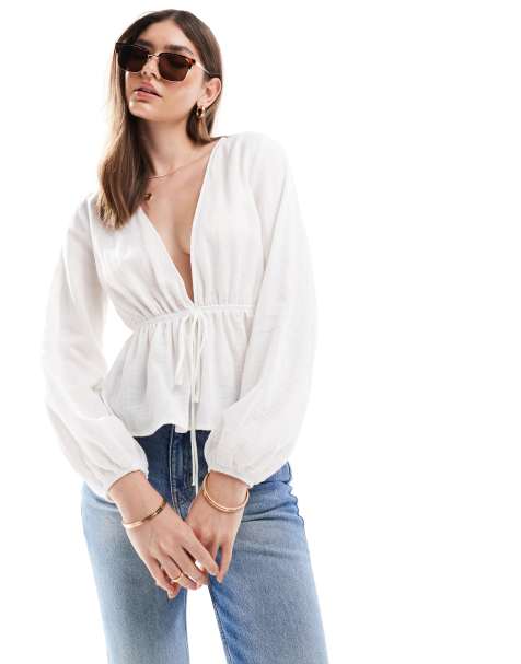 ASOS DESIGN - Crop top a punto smock bianco in mussola a maniche lunghe - view 1