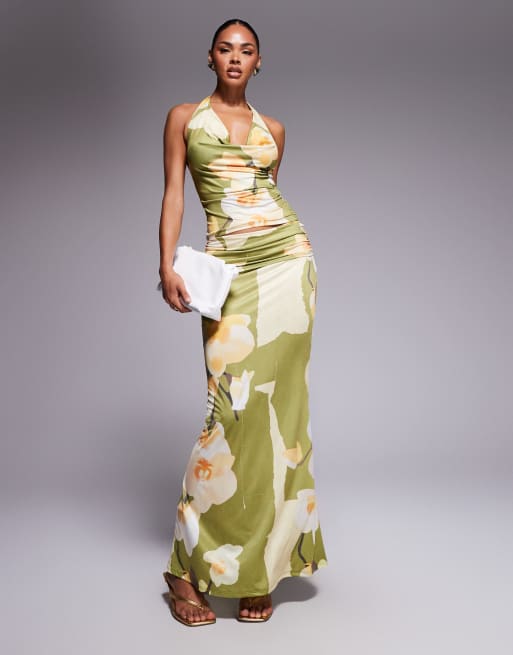 ASOS DESIGN - Crop top aderente allacciato al collo verde oliva a fiori in coordinato, 3 di 4