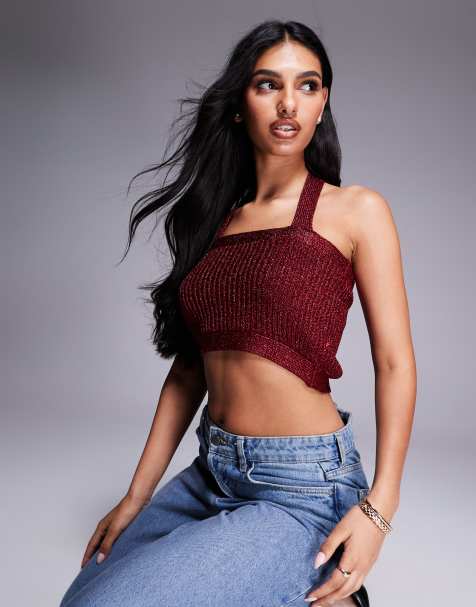ASOS DESIGN - Crop top allacciato al collo in maglia di filato metallizzato bordeaux - view 1
