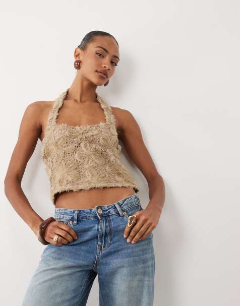 ASOS DESIGN - Crop top allacciato al collo in pizzo neutro testurizzato a fiori - view 1