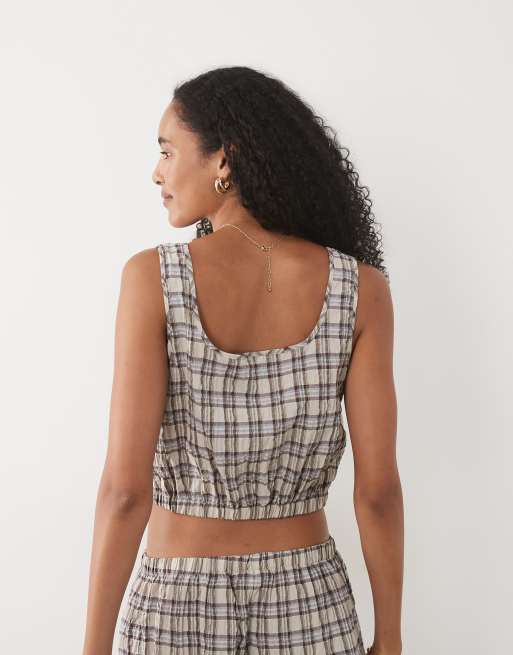 ASOS DESIGN - Crop top babydoll d'ensemble à carreaux avec liens noués devant - Marron, 4 de 4