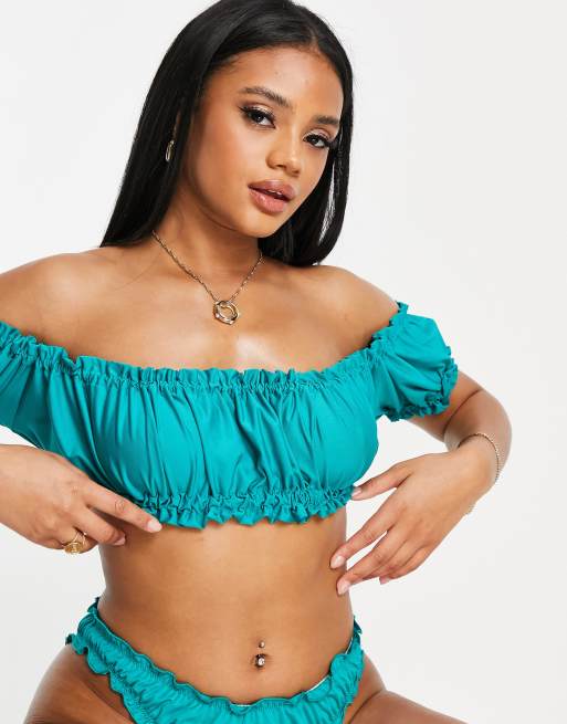 ASOS DESIGN - Crop top bikini corto arricciato con maniche a sbuffo, colore verde