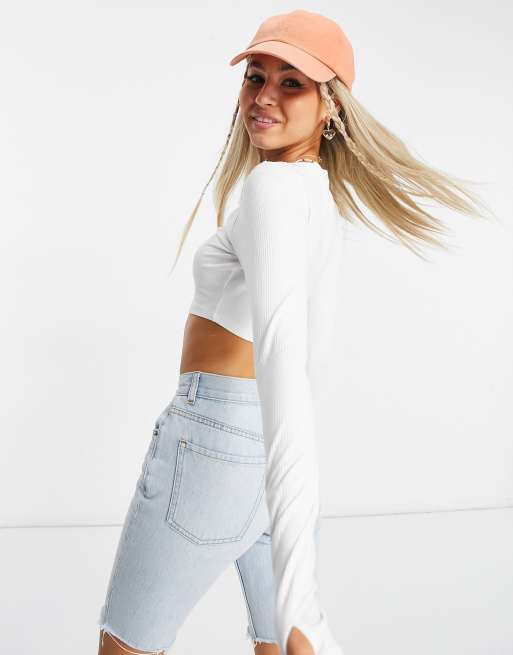 ASOS DESIGN - Crop top côtelé ultra court avec trou pour le pouce - Blanc, 2 de 4