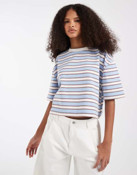 ASOS DESIGN - Crop top coupe carrée à encolure contrastante et rayures - Bleu clair et chocolat - view 1