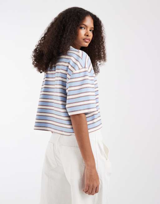 ASOS DESIGN - Crop top coupe carrée à encolure contrastante et rayures - Bleu clair et chocolat, 4 de 4