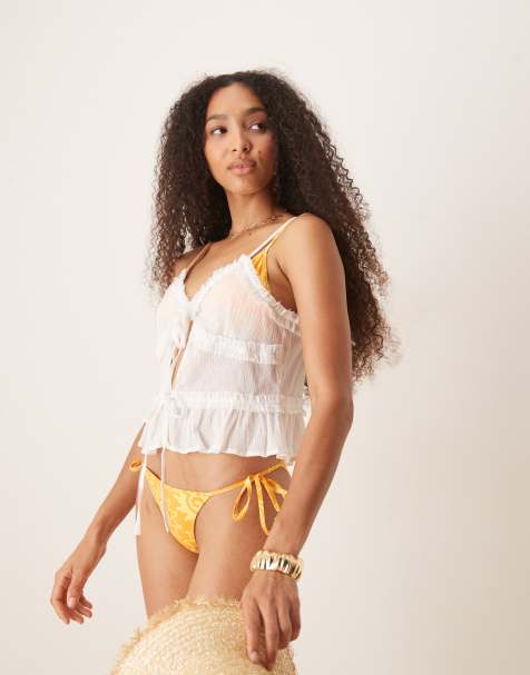 ASOS DESIGN - Crop top de plage effet froissé à volants et liens noués devant - Blanc - view 1