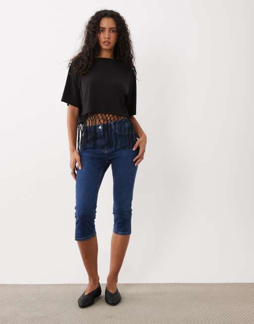 ASOS DESIGN - Crop top de qualité supérieure à manches courtes et franges croisées - Noir, 2 de 4