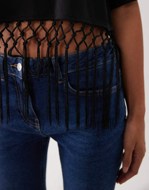 ASOS DESIGN - Crop top de qualité supérieure à manches courtes et franges croisées - Noir, 3 de 4