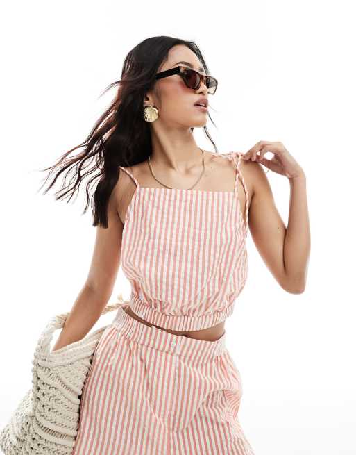ASOS DESIGN - Crop top d'ensemble à rayures avec liens - Orange