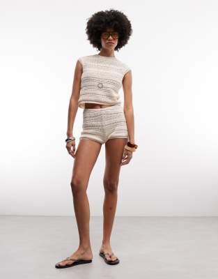 Crop top d'ensemble en maille crochetée - Écru-Blanc M