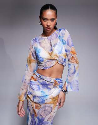 Crop top d'ensemble en mousseline à manches longues - Imprimé coquillage-Multicolore 32
