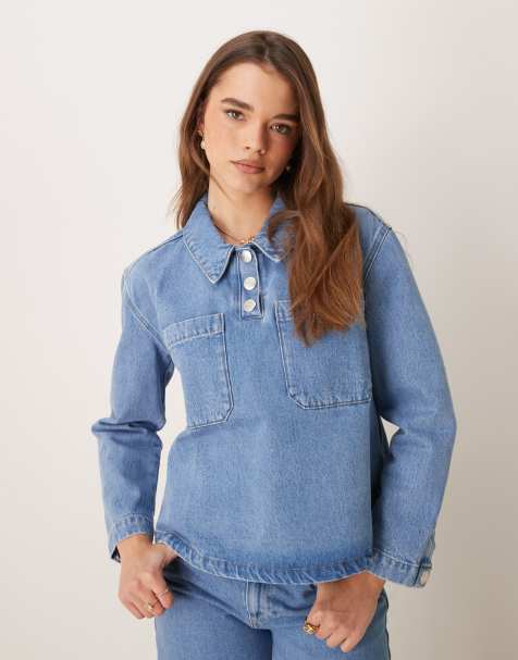 ASOS DESIGN - Crop top en denim à col boutonné - Bleu moyen - view 1