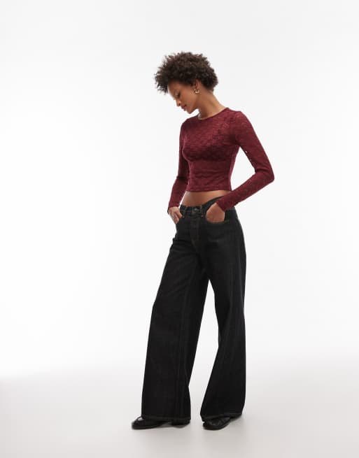 ASOS DESIGN - Crop top en dentelle transparente avec manches longues - Bordeaux, 3 de 4