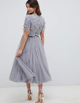 asos design crop top fringe embellishment tulle midi dress
