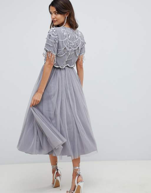 Asos high neck embellished cheap crop top tulle midi dress