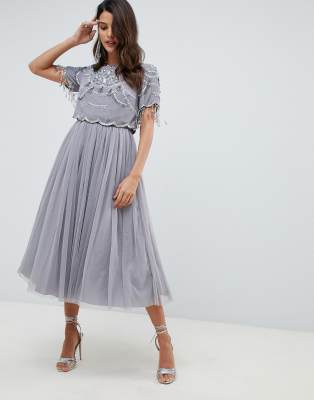 asos design crop top fringe embellishment tulle midi dress