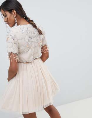 asos design crop top fringe embellishment tulle midi dress