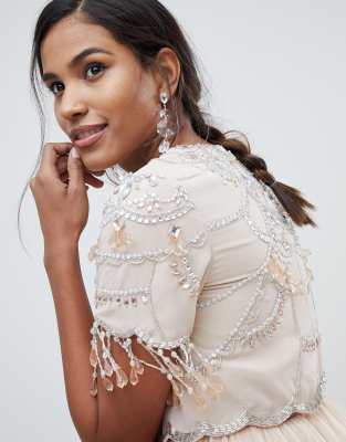 asos design crop top fringe embellishment tulle midi dress