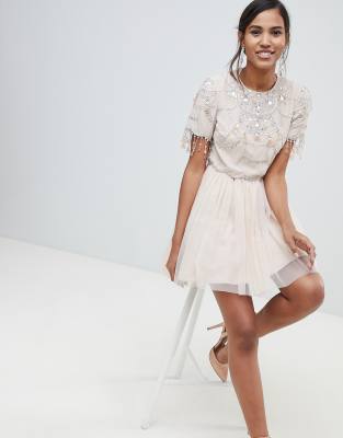 asos design crop top fringe embellishment tulle midi dress