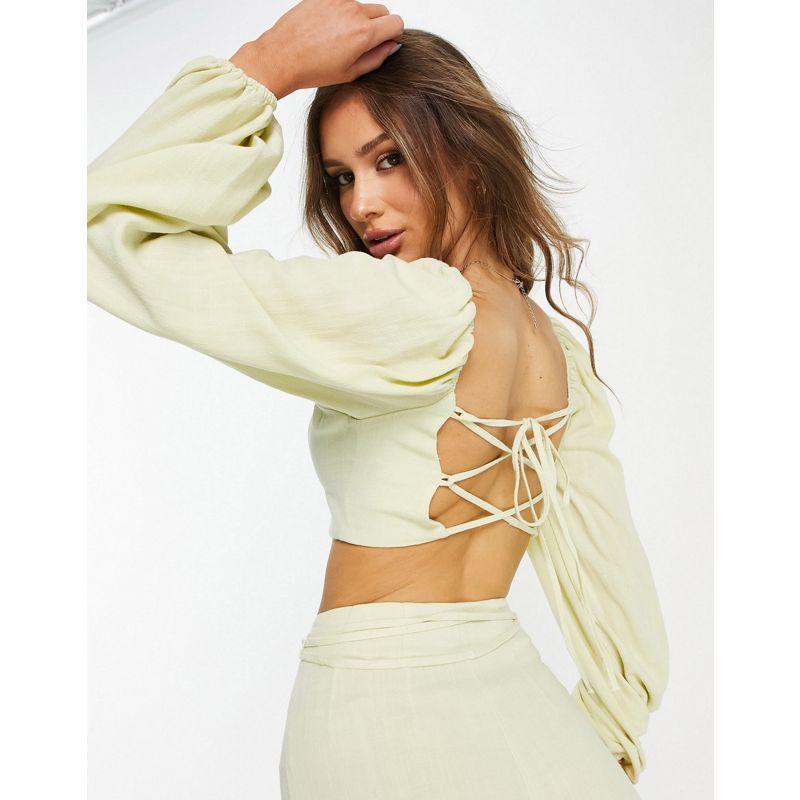 Donna Pantaloncini LUXE - Coordinato in lino con crop top con scollo quadrato e pantaloncini a vita alta color lime