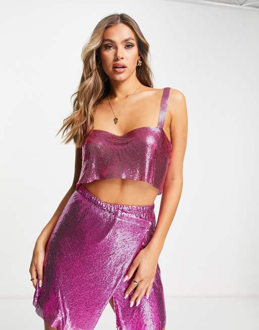 ASOS DESIGN - Crop top in maglia metallica rosa in coordinato