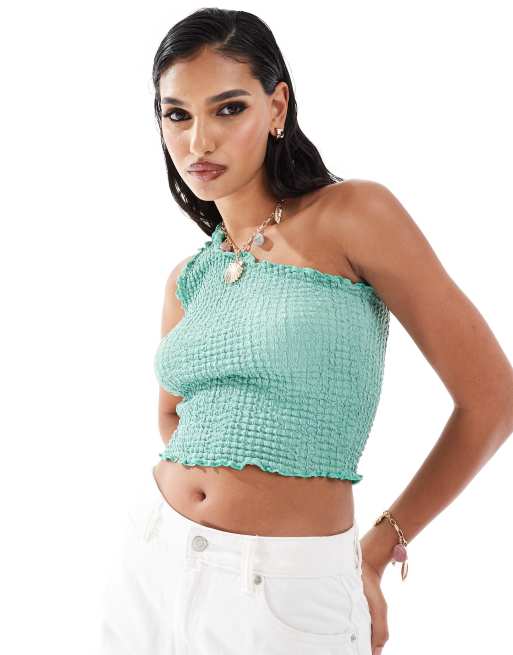 ASOS DESIGN - Crop top met blote schouder in bubbelstructuur in groen