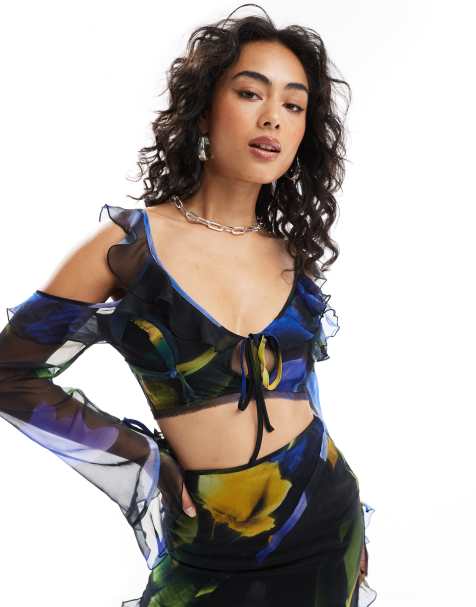 ASOS DESIGN - Crop top met blote schouders in grote bloemenprint, deel van co-ord set - view 1