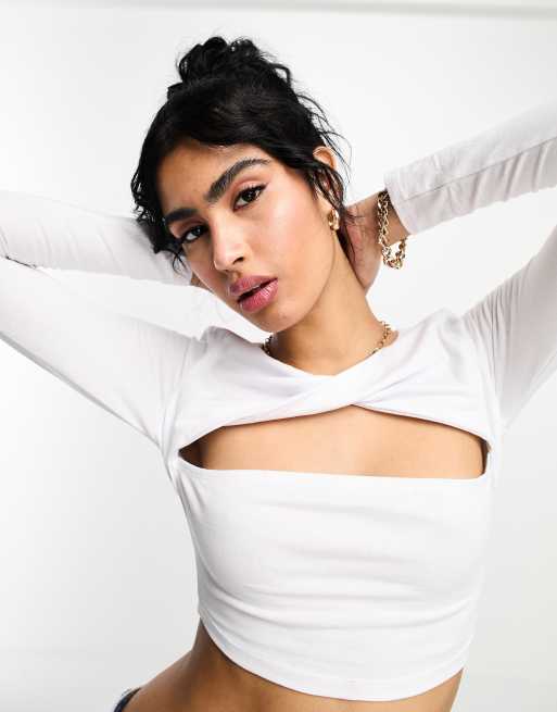 ASOS DESIGN Crop top met gedraaid detail en lange mouwen in wit