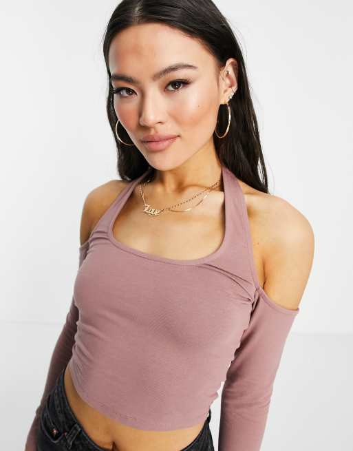 ASOS DESIGN - Crop top met halternek en lange mouwen in nertsroze