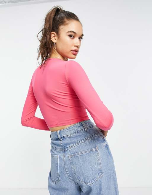 federatie Voorkeur Thuisland ASOS DESIGN - Crop top met lange mouwen en keyhole-uitsnijding in felroze |  ASOS