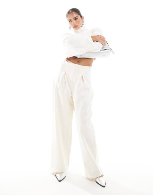 ASOS DESIGN - Crop top met opstaande boord en cocoon-mouwen en broek in kokosmelk