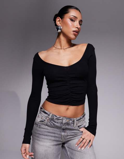 ASOS DESIGN - Crop top met rimpeleffect en V-voor- en achterkant in zwart - view 1