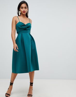 asos design crop top midi prom dress with twist detail