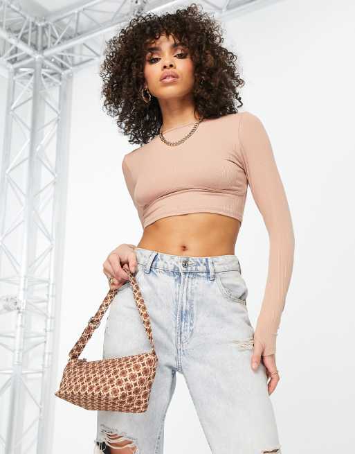 ASOS DESIGN - Crop top molto corto color visone con fori per il pollice e cuciture sul busto